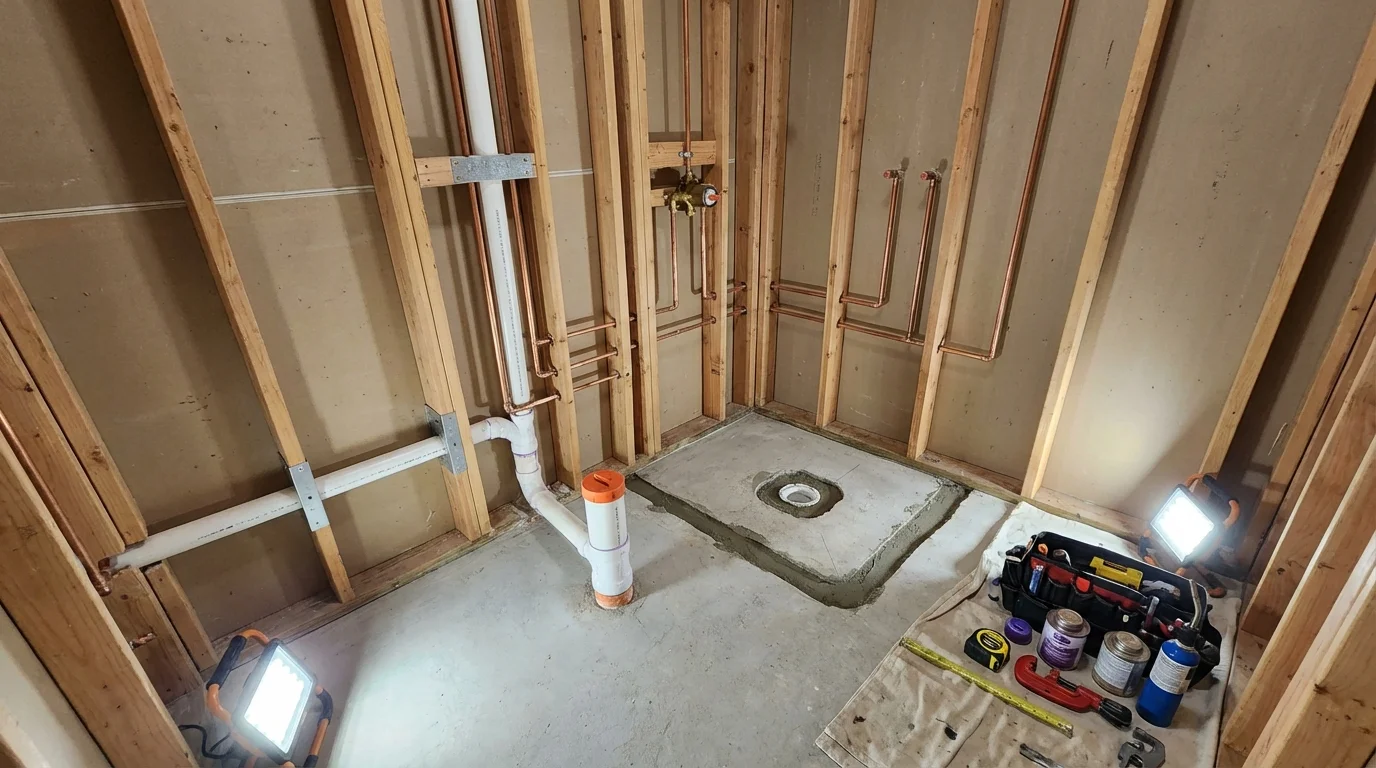 Bathroom rough-in plumbing during remodel by Johns Plumbing LLC in Camden