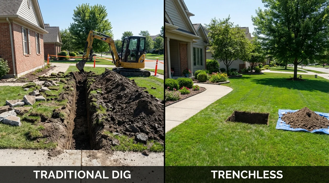 Trenchless sewer repair with minimal yard damage versus traditional excavation in Camden, TN