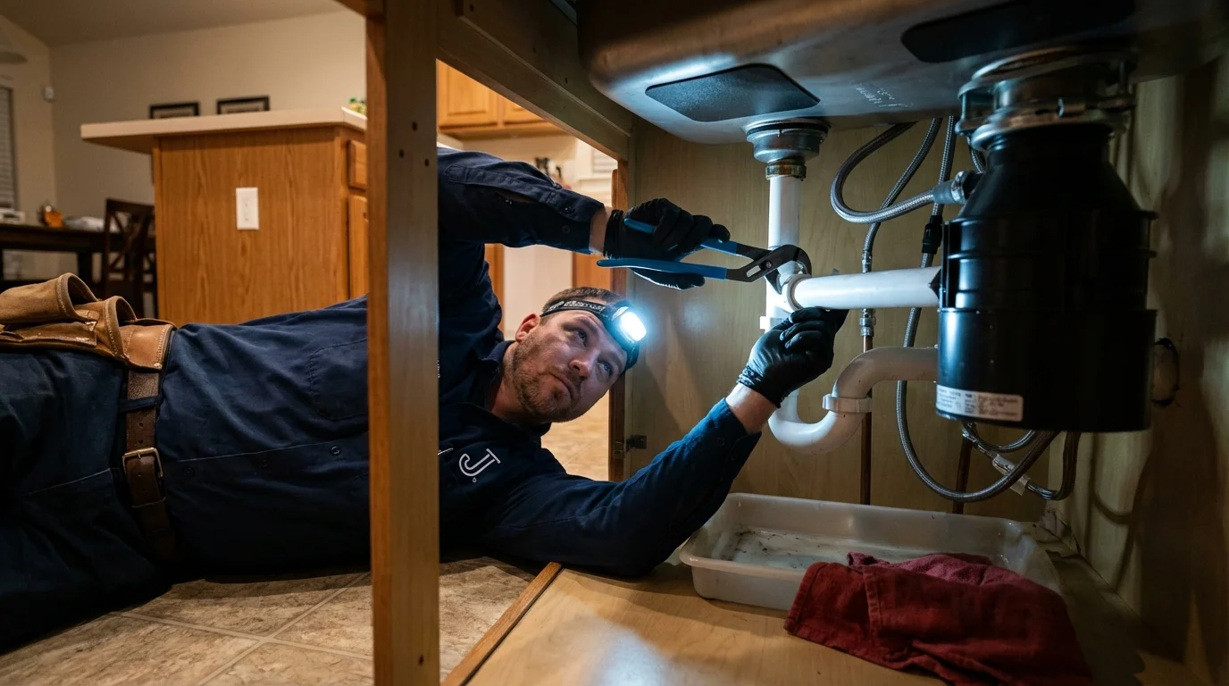 P-trap and supply line connections under a kitchen sink showing a common leak point in Camden, TN